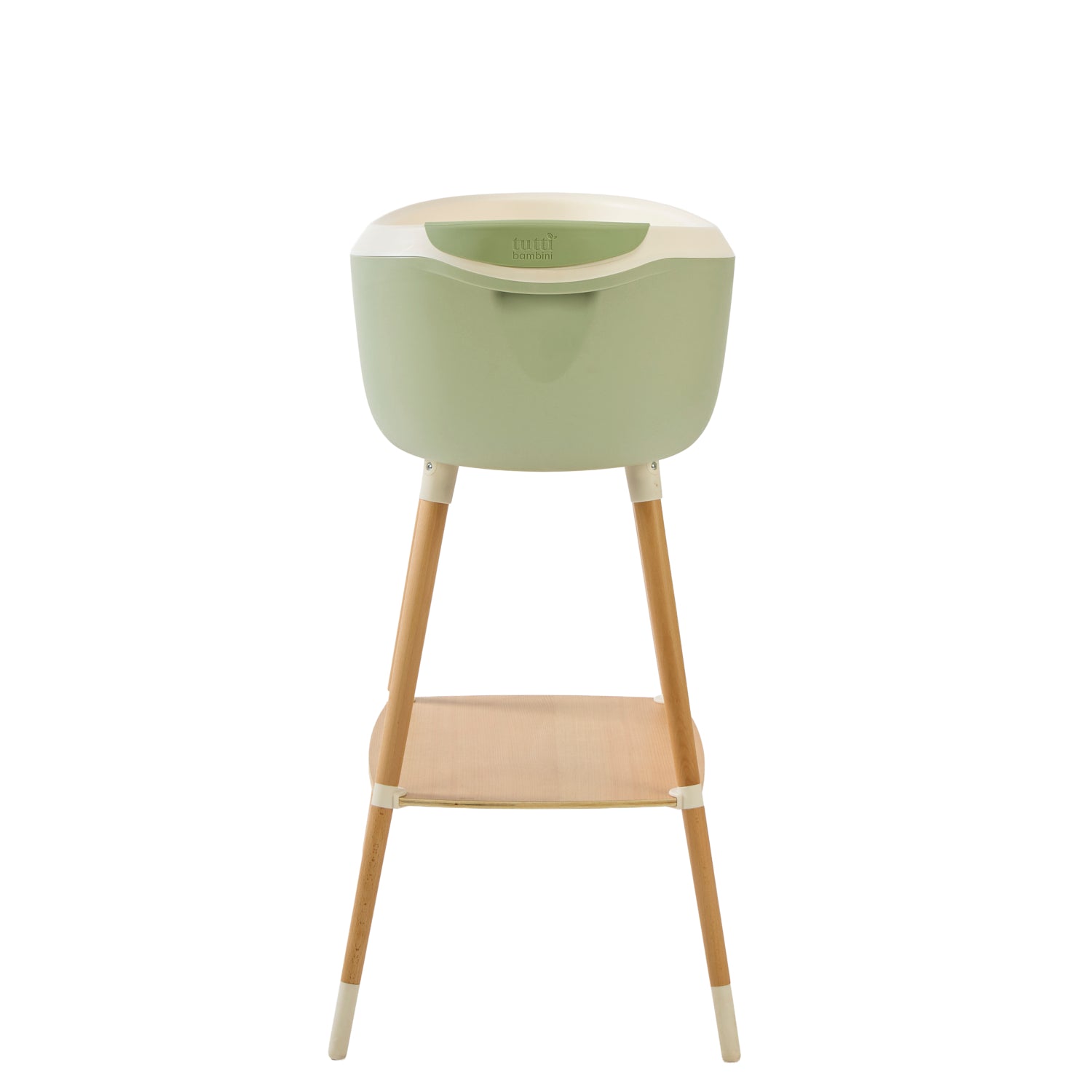 Back view of the Nati Baby Bath in aloe on a wooden stand, in a white background.