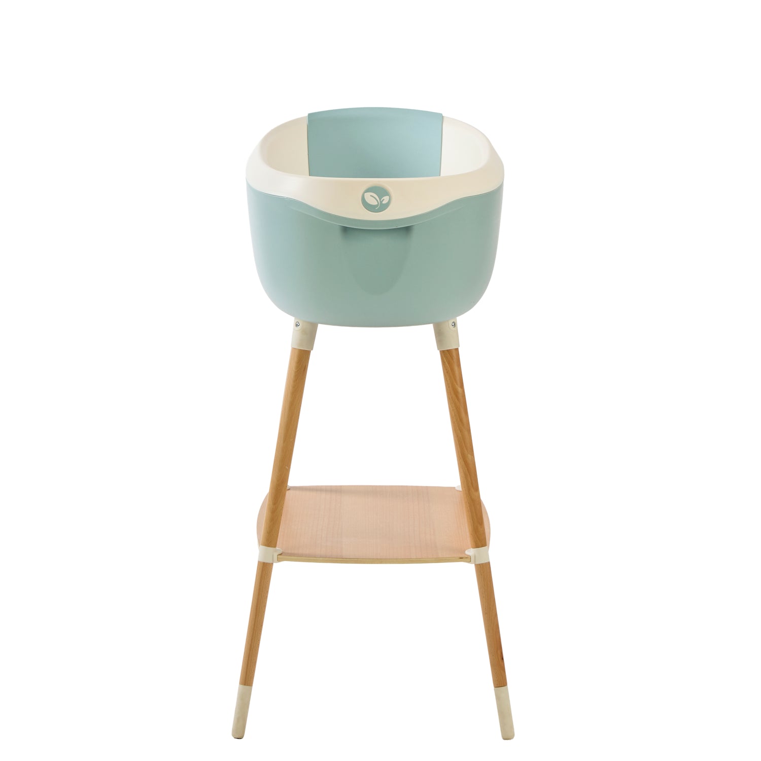 Front view of the Nati Baby Bath in blue on a wooden stand, in a white background.