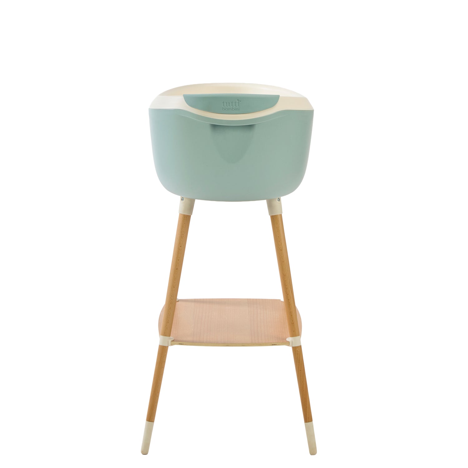 Back view of the Nati Baby Bath in blue on a wooden stand, in a white background.