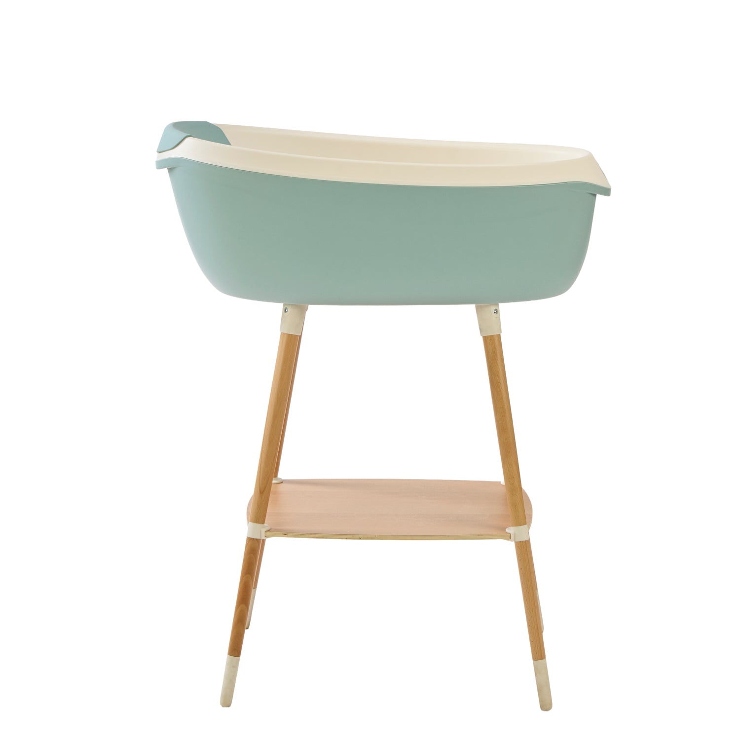 Side view of the Nati Baby Bath in blue on a wooden stand, in a white background.