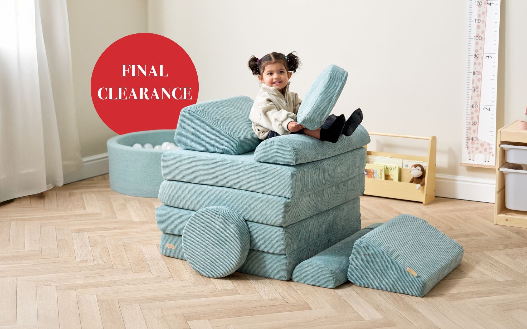 Final Clearance Collection - Toddler playing with Playrama Montessori Kids Play Sofa in Ocean Stone