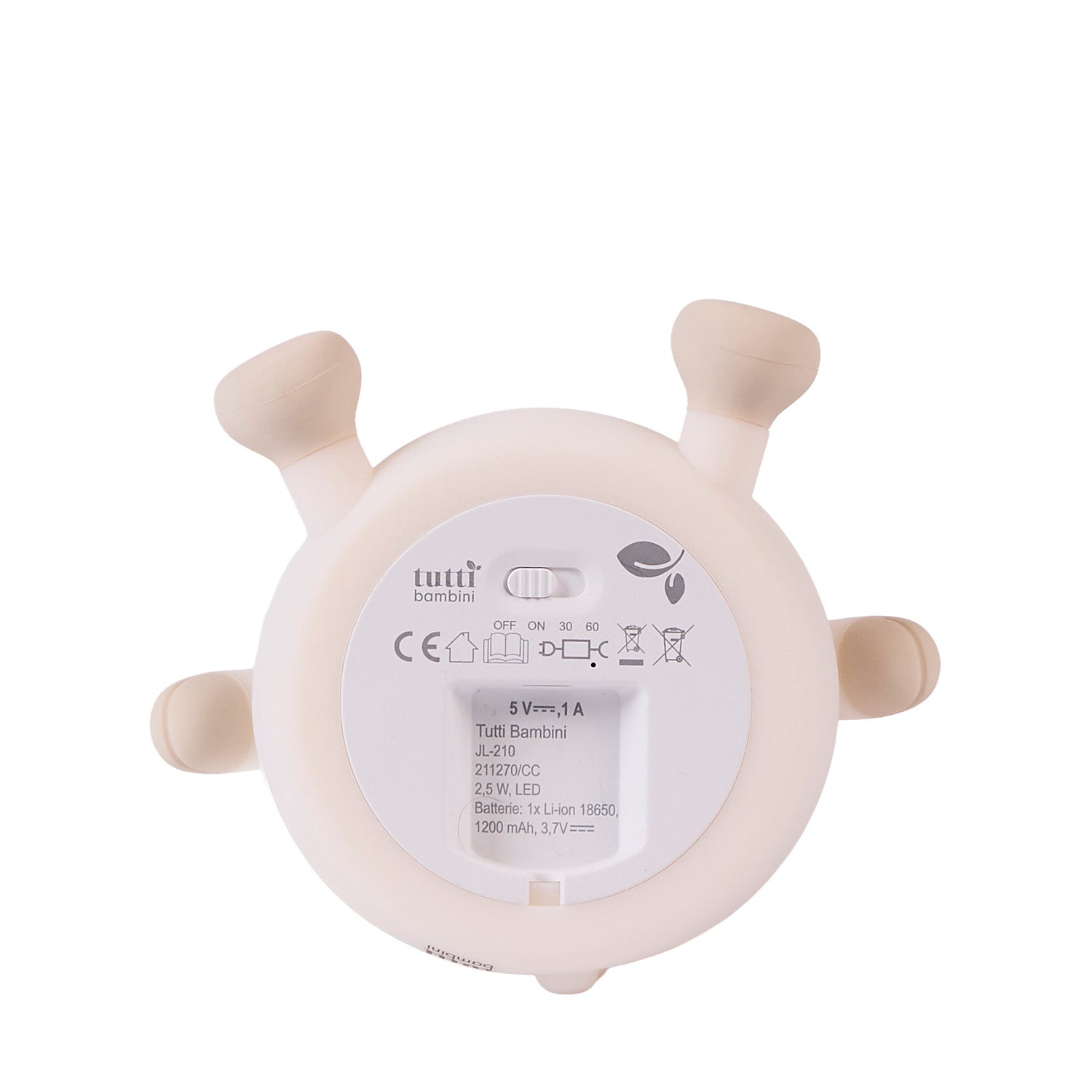 Back view of the cow-shaped night light showing the on/off switch and battery compartment information, displayed against a white background.
