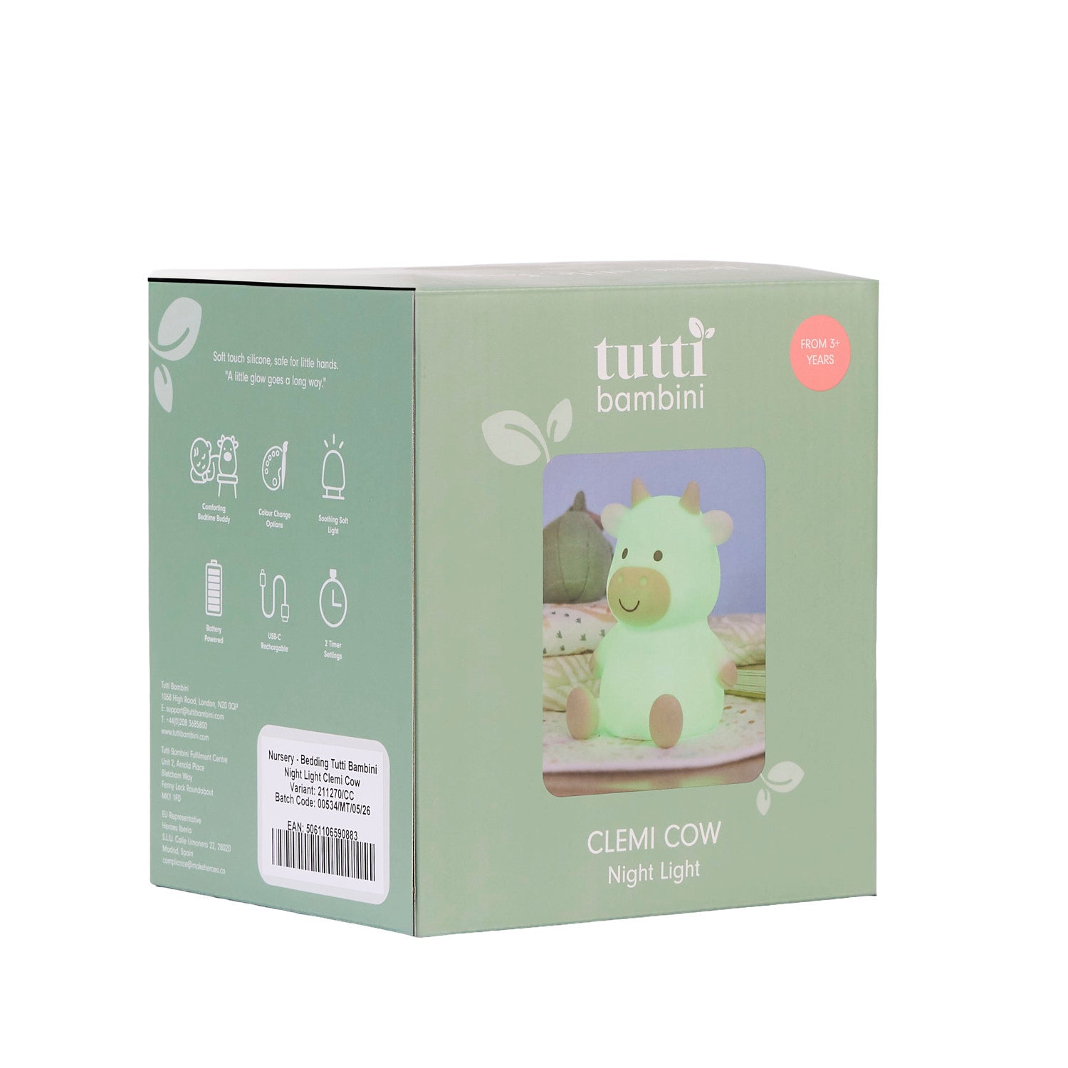 Tutti Bambini Clemi Cow night light packaging on a white background