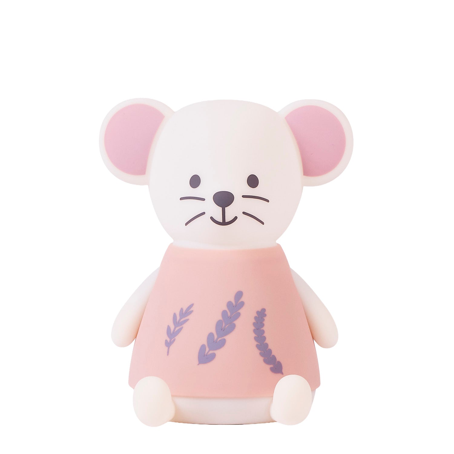 Night light mouse with a pink sweater and lavender design on a white background