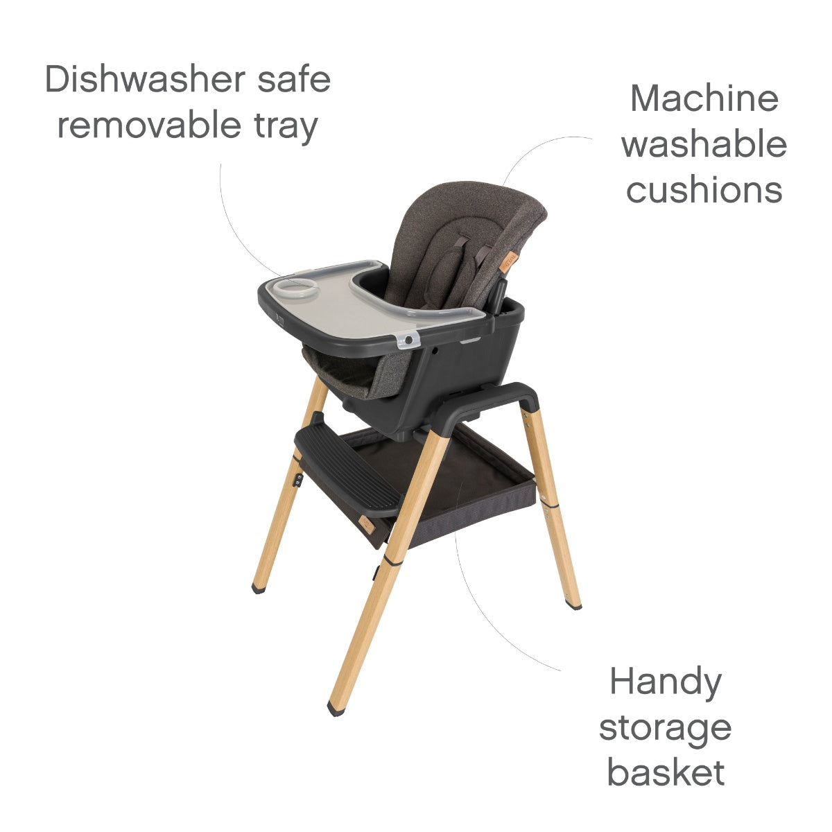 Nova Evolutionary Highchair in Grey/Oak showing dishwasher-safe removable tray, machine washable cushions, and handy storage basket for added convenience.