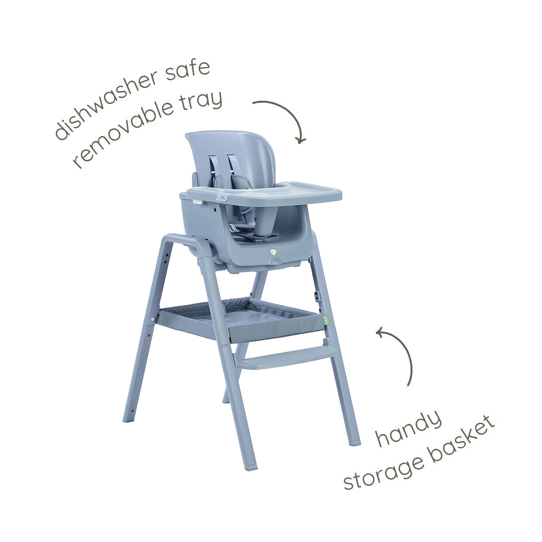 Cutout view of the Nova Maison 7 in 1 highchair in coast, showcasing dishwasher-safe removable tray and integrated storage basket.