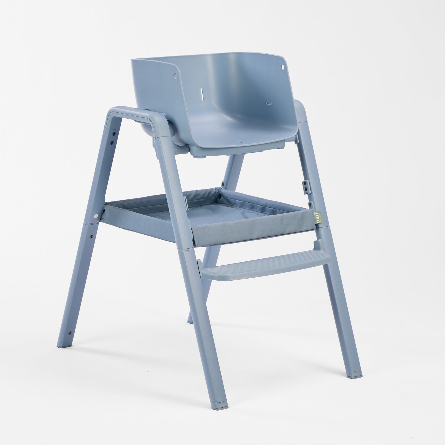 Cutout of Nova Maison highchair in coast transformed into kids chair mode with stable legs and roomy seat.
