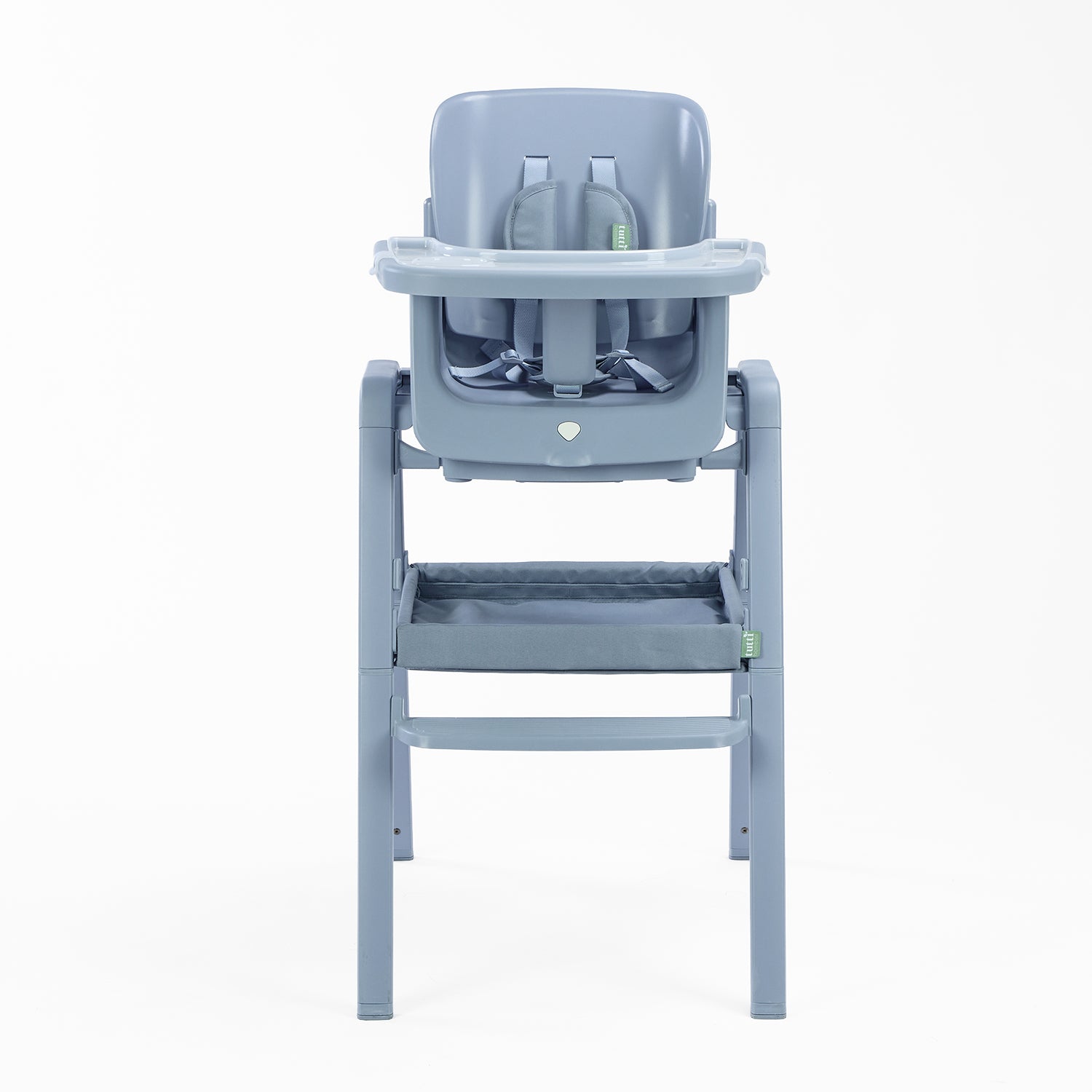 Cutout of Nova Maison highchair in coast with secure frame and safety harness.