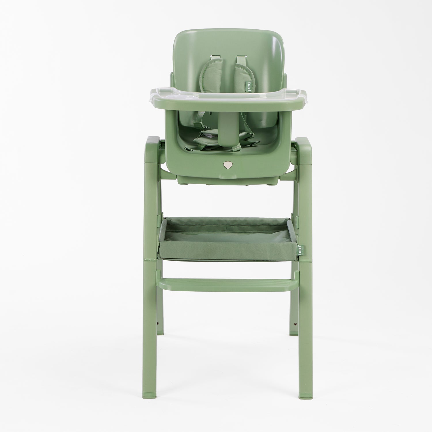 Front view of the nova maison 7 in highchair in matcha, showcasing ergonomic seat shell, secure harness system and removable tray.