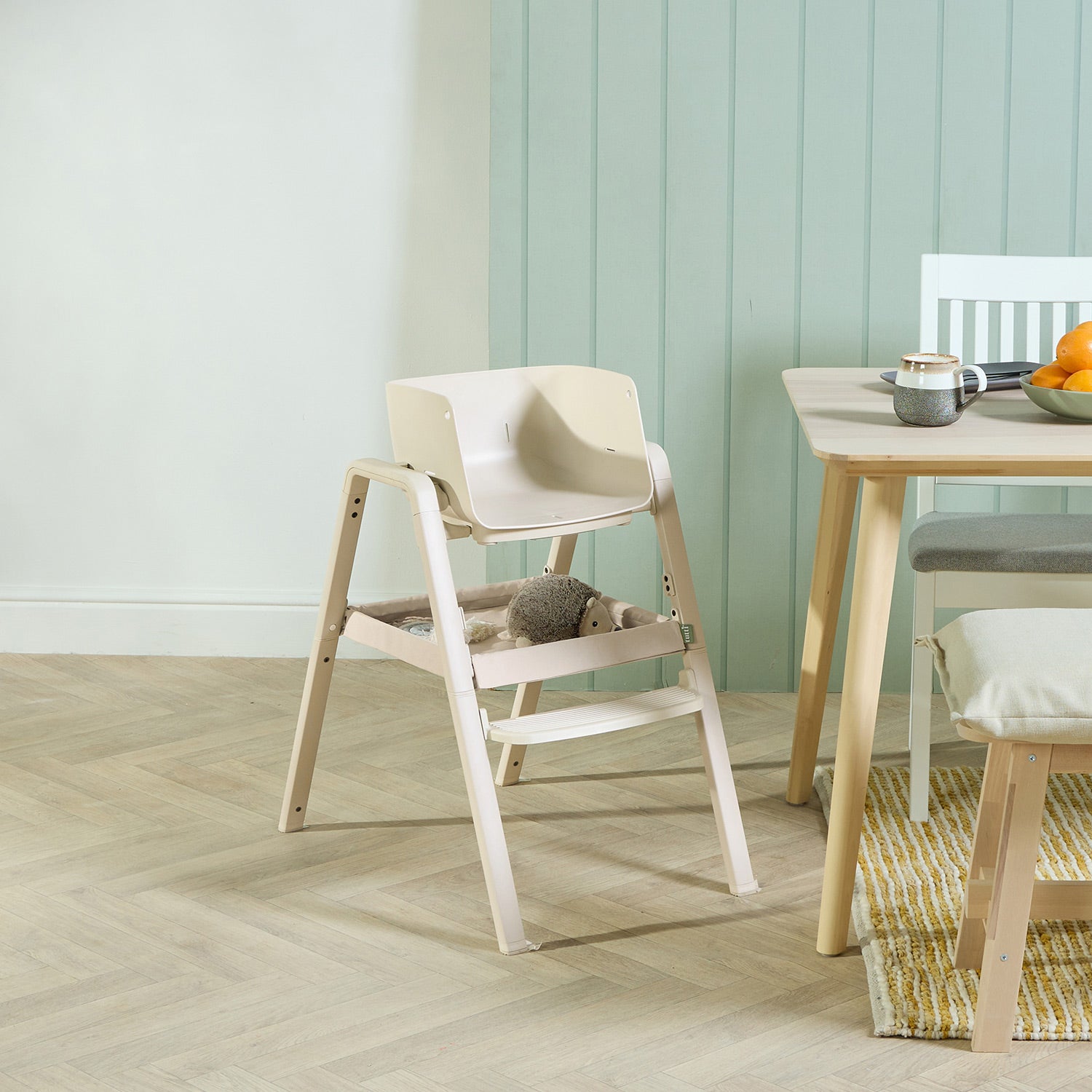 Nova Maison highchair in parnsip transformed into kids chair mode with stable legs and roomy seat.