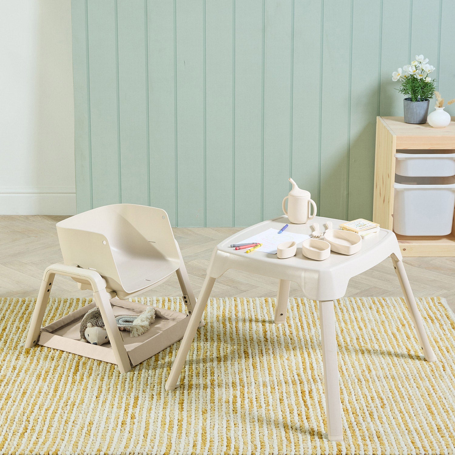 Nova Maison highchair in parnsip converted into play table and chair mode, perfect for snacks and activities.