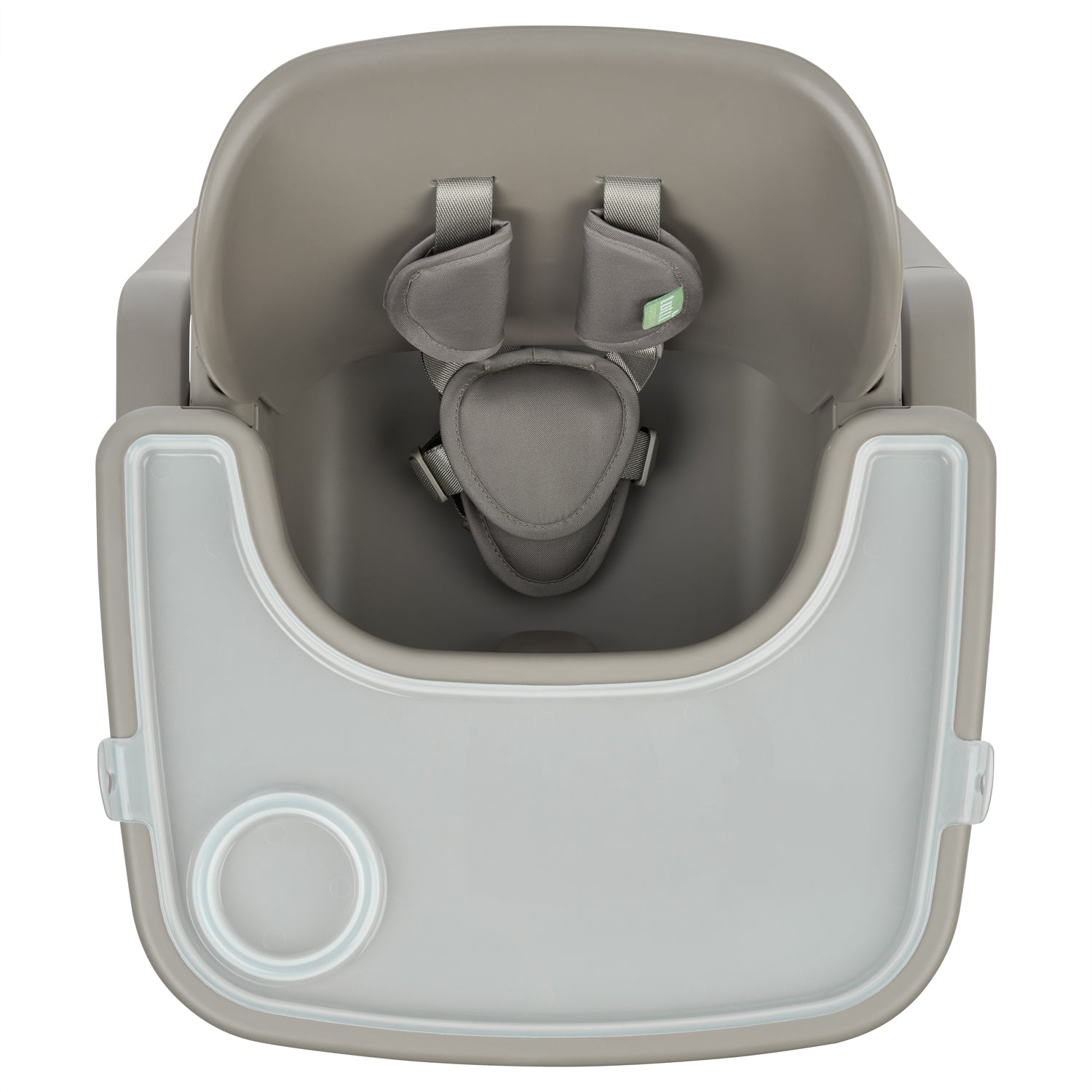 Aerial view of the nova maison 7 in highchair in truffle, focusing on the padded harness, removable tray and easy-clean seat design.