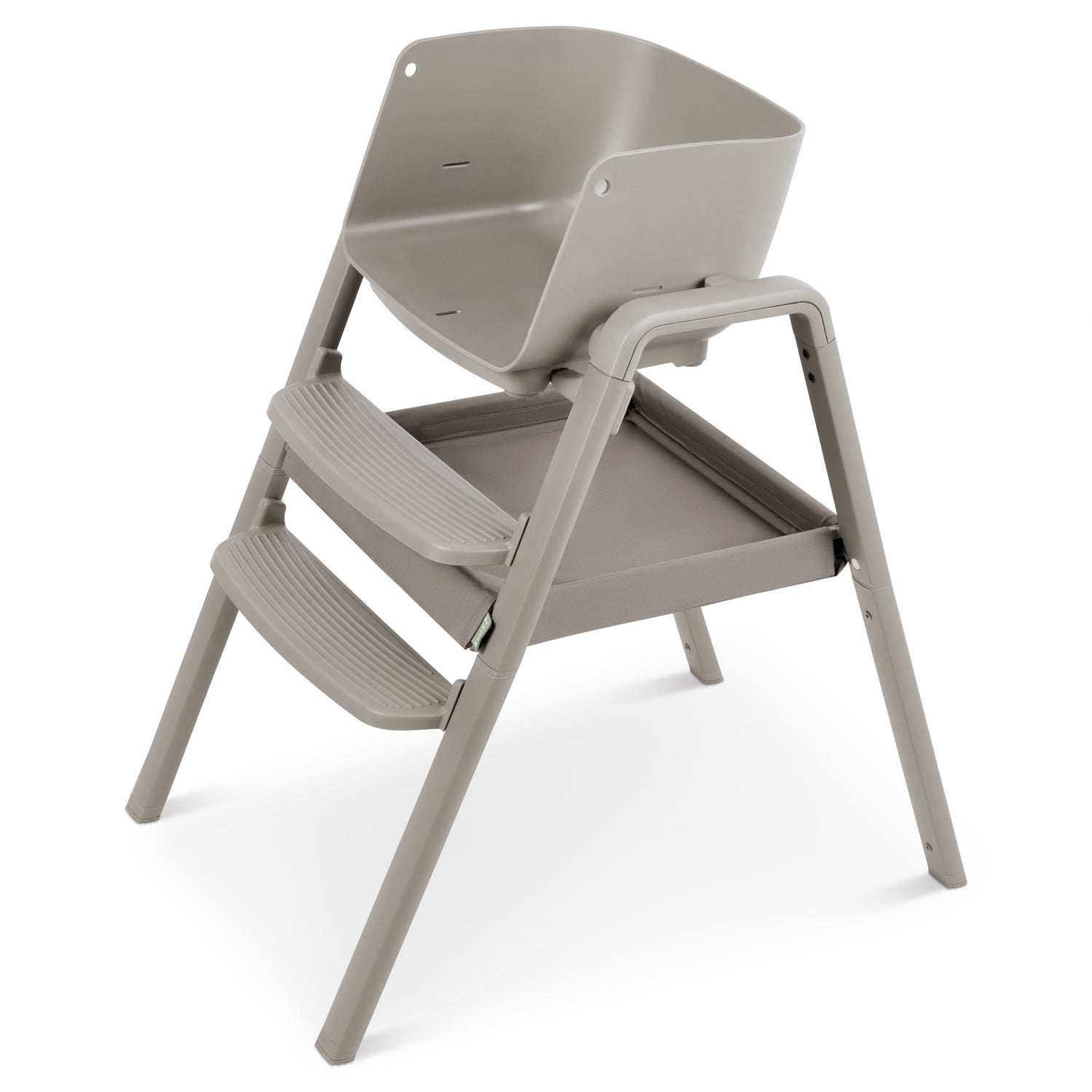 Angled cutout view of the nova maison 7 in highchair in truffle, highlighting the contoured seat, dual footrests and supportive frame.