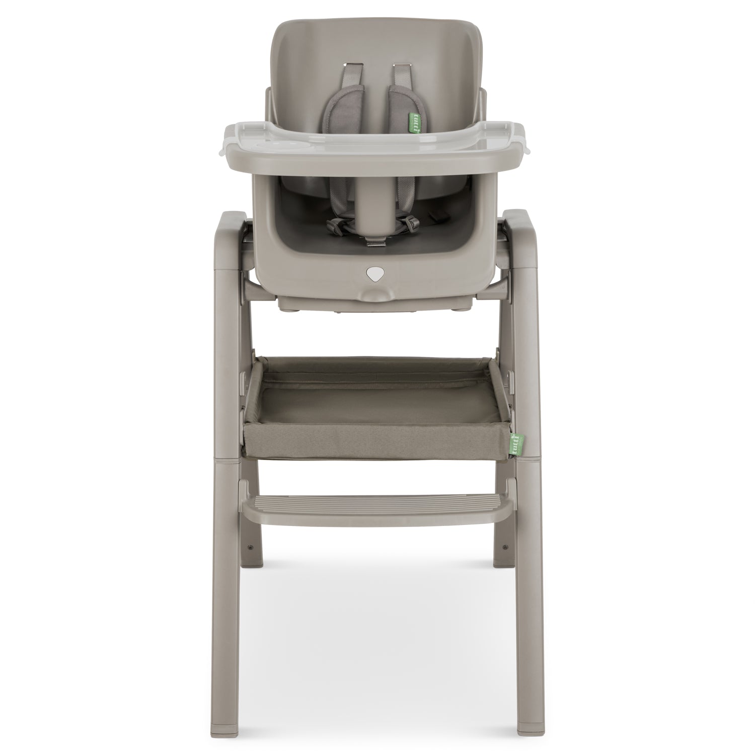 Front cutout of the nova maison 7 in highchair in truffle, displaying the secure harness system, removable tray and balanced, stable stance.