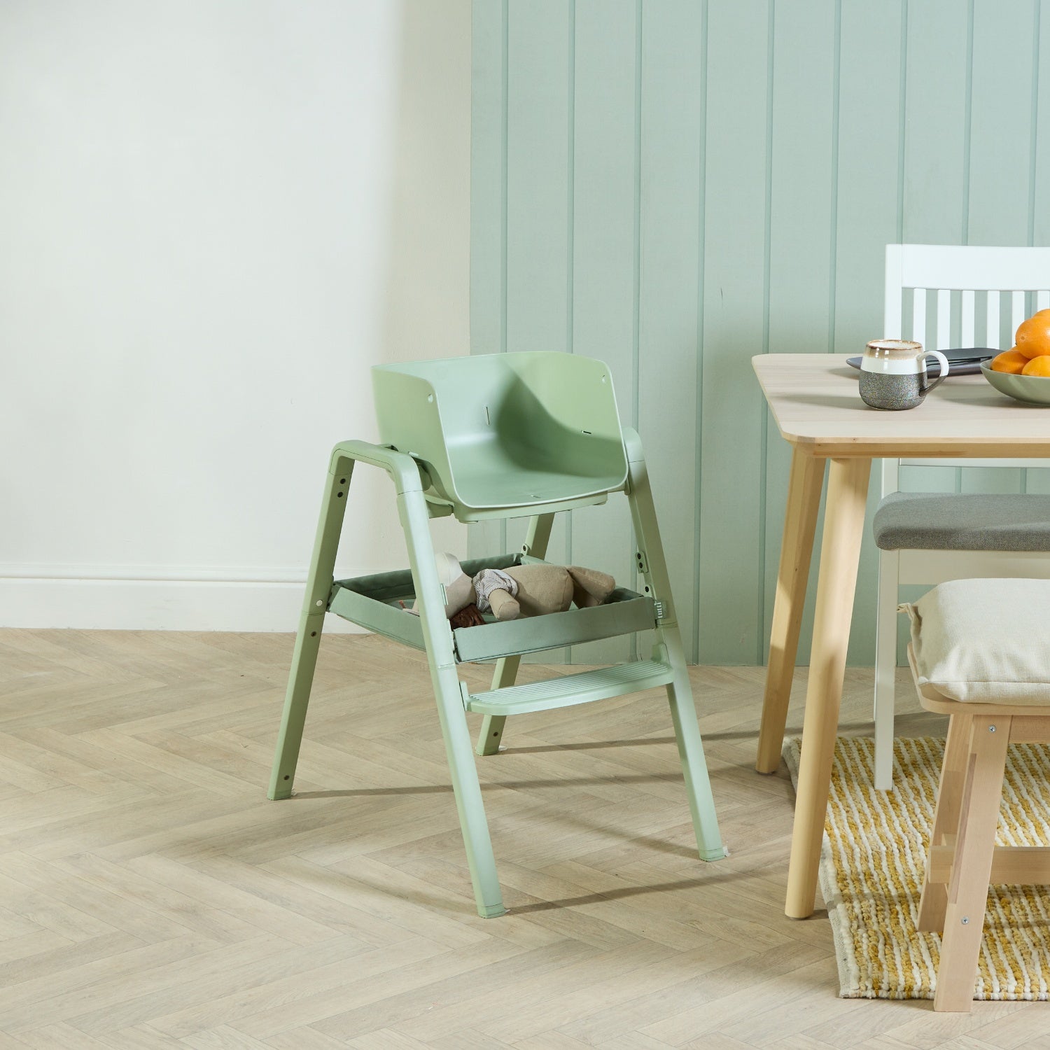 Nova Maison highchair in matcha transformed into kids chair mode with stable legs and roomy seat.