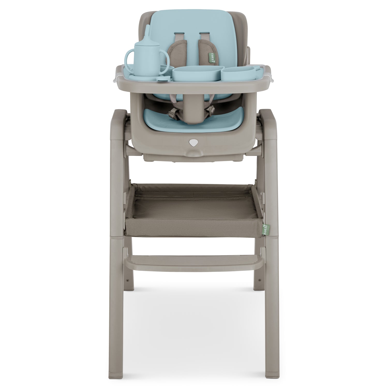 Front cutout view of Nova highchair in harbour and truffle featuring five-point harness and coordinated silicone feeding set on tray.
