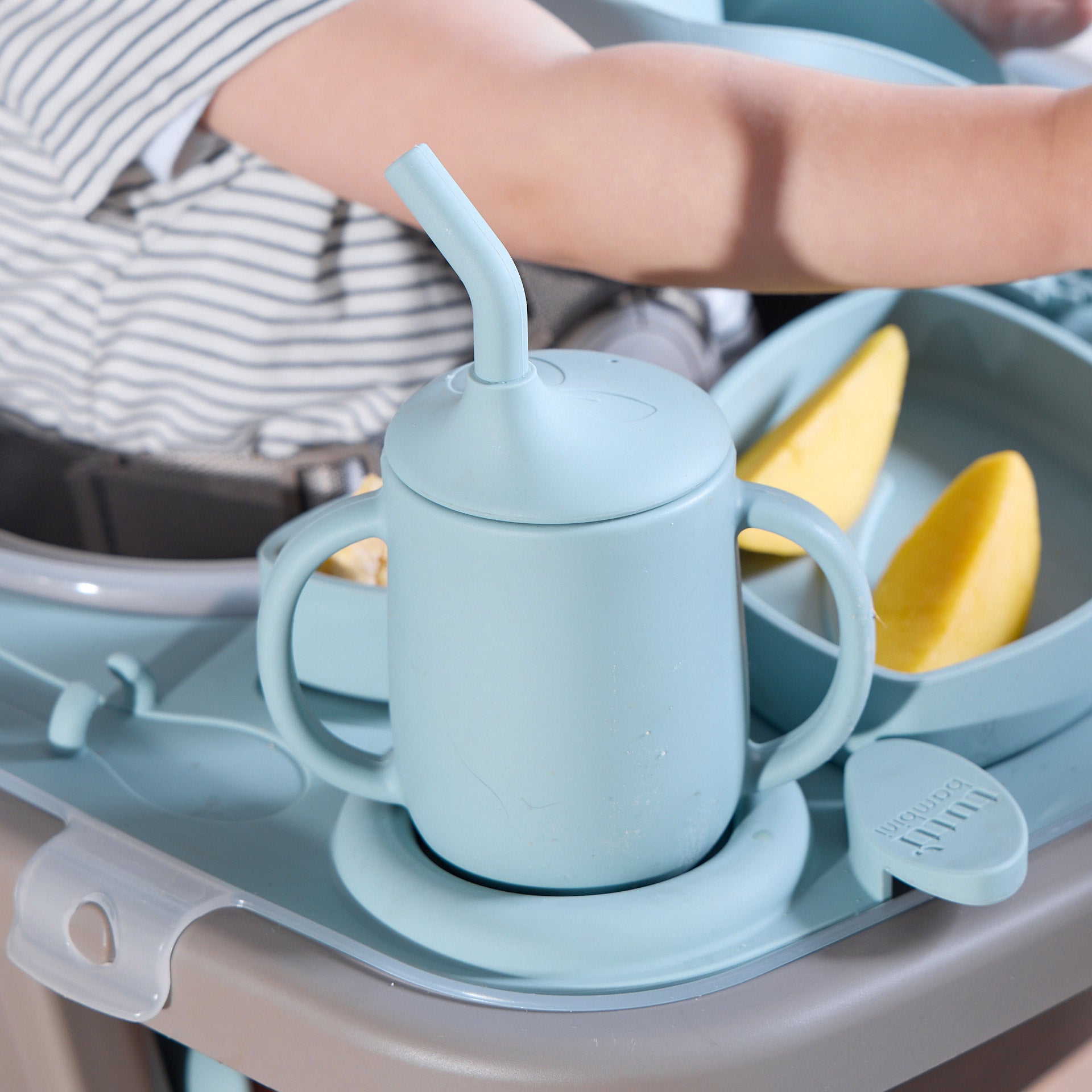 Close-up image of the Nova Highchair accessory pack, with a sippy cup and bowls.