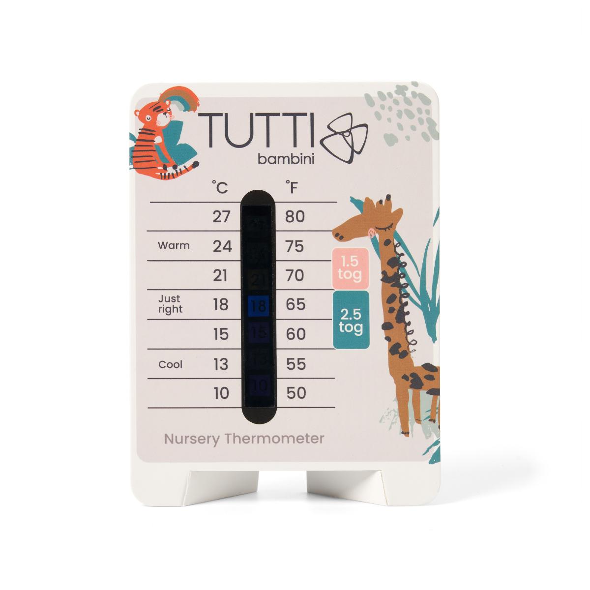 Run Wild nursery thermometer with temperature guide and tog indicators helps parents choose safe sleepwear based on room warmth.