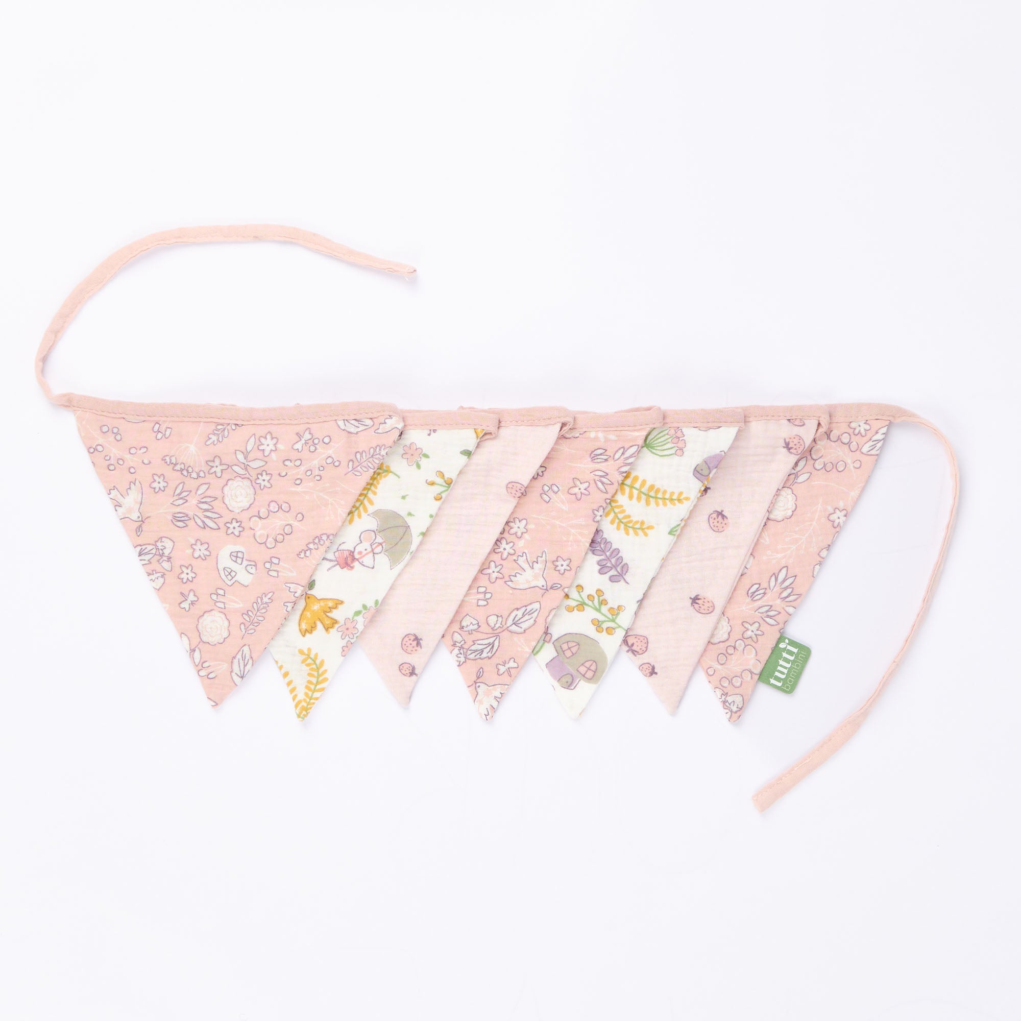 Tiny Tails pink floral nursery bunting with mixed patterned triangular flags and fabric ties, styled as a decorative garland.
