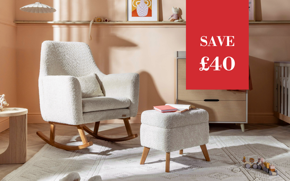 A nursery scene with a cream bouclé rocking chair, matching ottoman, light wood furniture, and a large red promotional overlay that reads 'SAVE £40'.