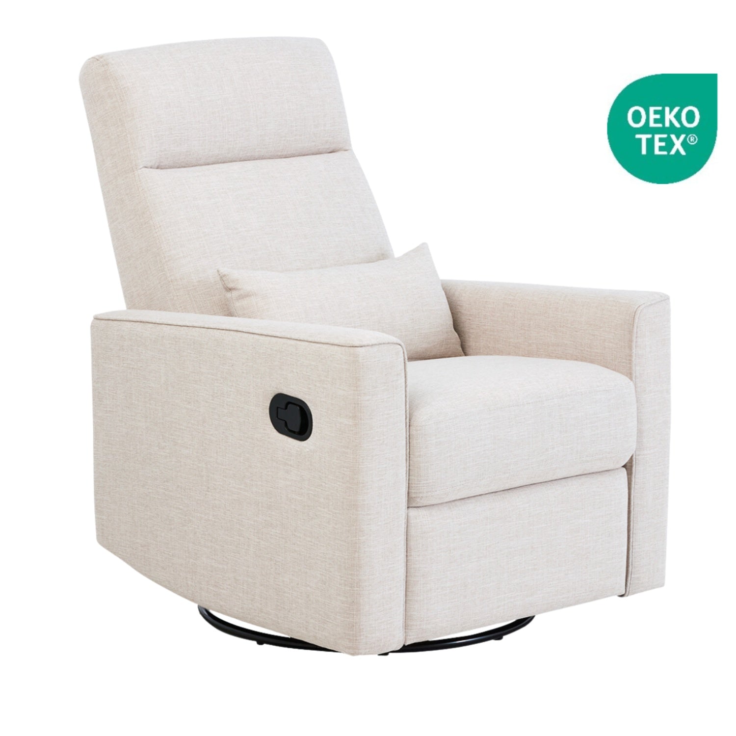 Beige recliner chair with a visible OEKO-TEX logo on a white background
