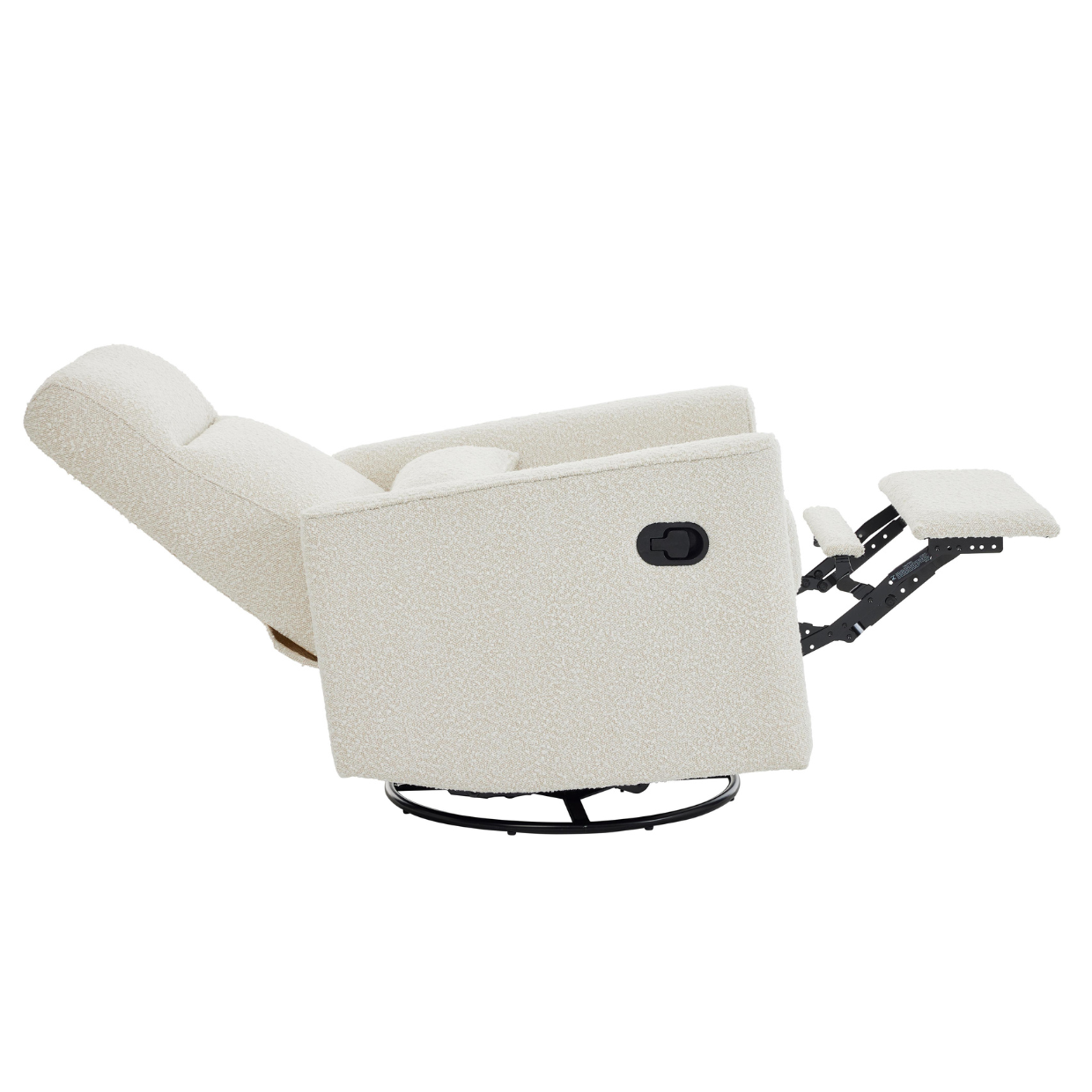 Side image of the Paige recliner chair with the back reclined on a white background