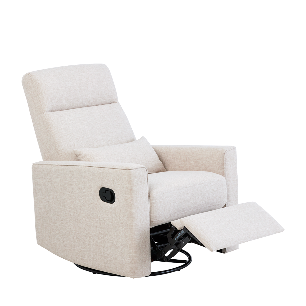 Side view of the Paige recliner glider chair with the recline function to rest your feet up on a white background.