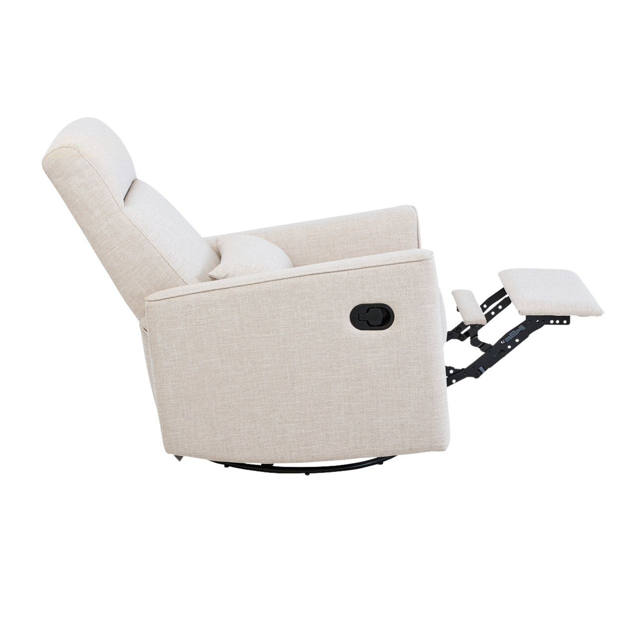 Side image of the Paige recliner chair with the back reclined on a white background