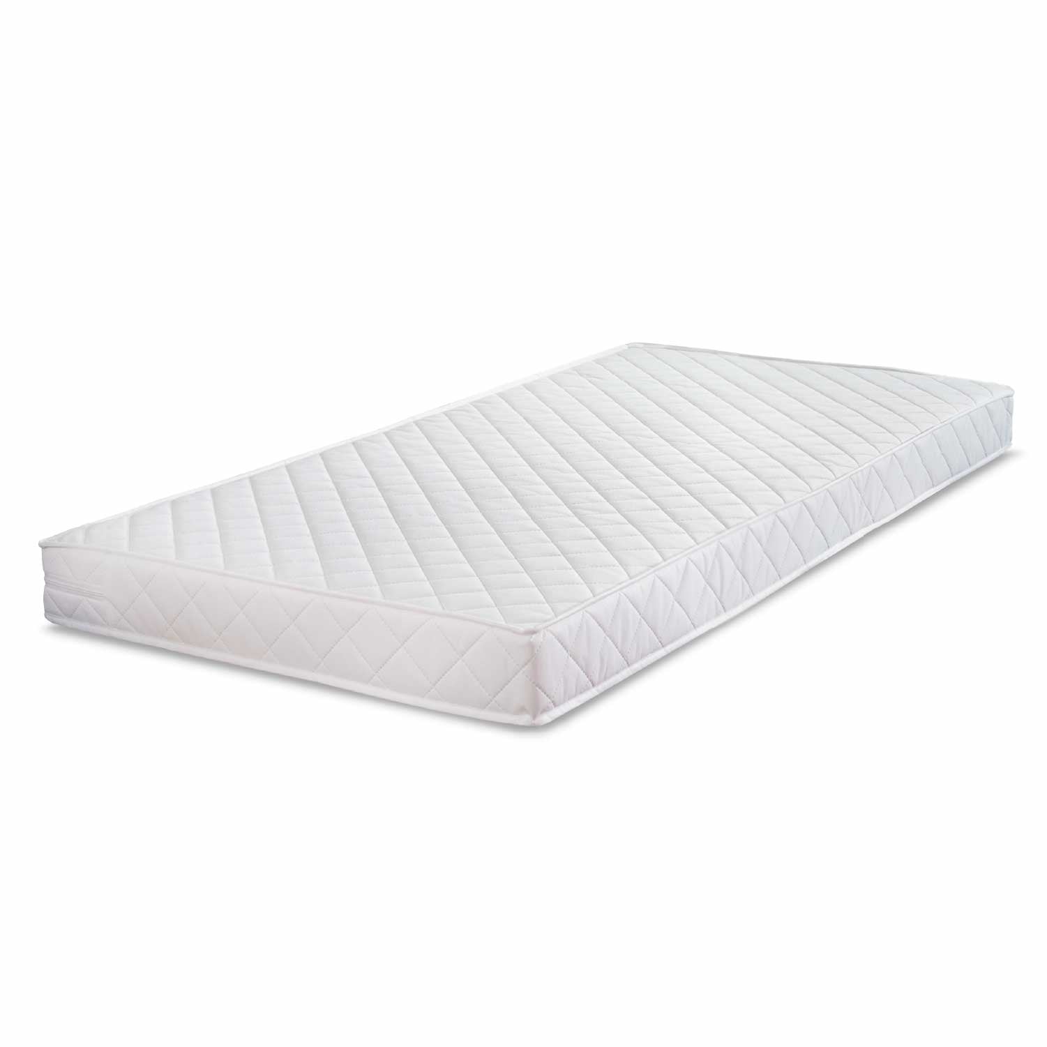 Angled view of pocket sprung nursery mattress with quilted white cover and supportive pocket spring construction for baby comfort.