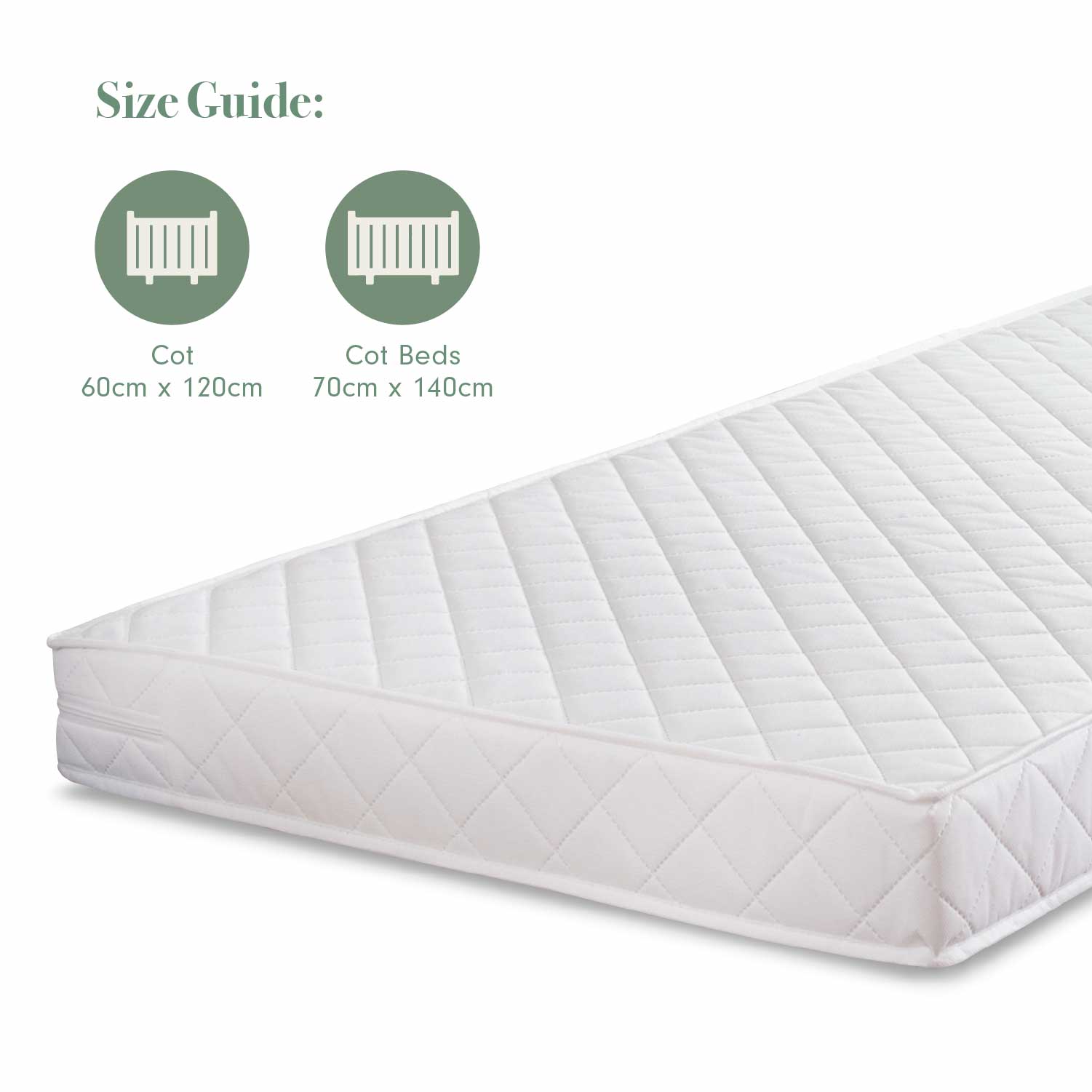 Pocket sprung nursery mattress with size guide showing cot and cot bed compatibility in 60x120cm and 70x140cm sizes