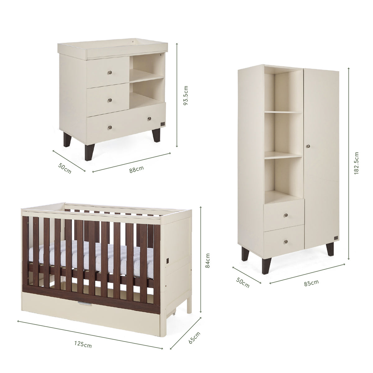 Dimensions of the Origin Riley 3 Piece Nursery Furniture Set which includes a chest changer, cot bed and nursery wardrobe.