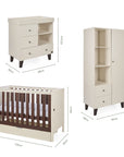 Dimensions of the Origin Riley 3 Piece Nursery Furniture Set which includes a chest changer, cot bed and nursery wardrobe.