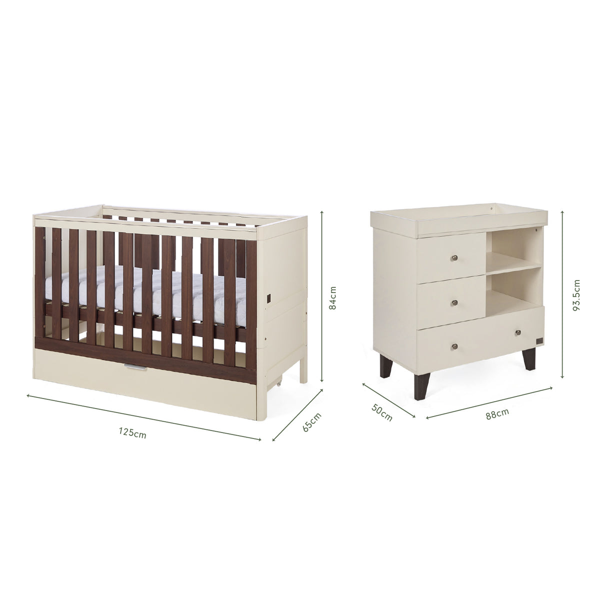 Dimensions of the Origin Riley 2 Piece Nursery Furniture Set which includes a cot bed and chest changer.