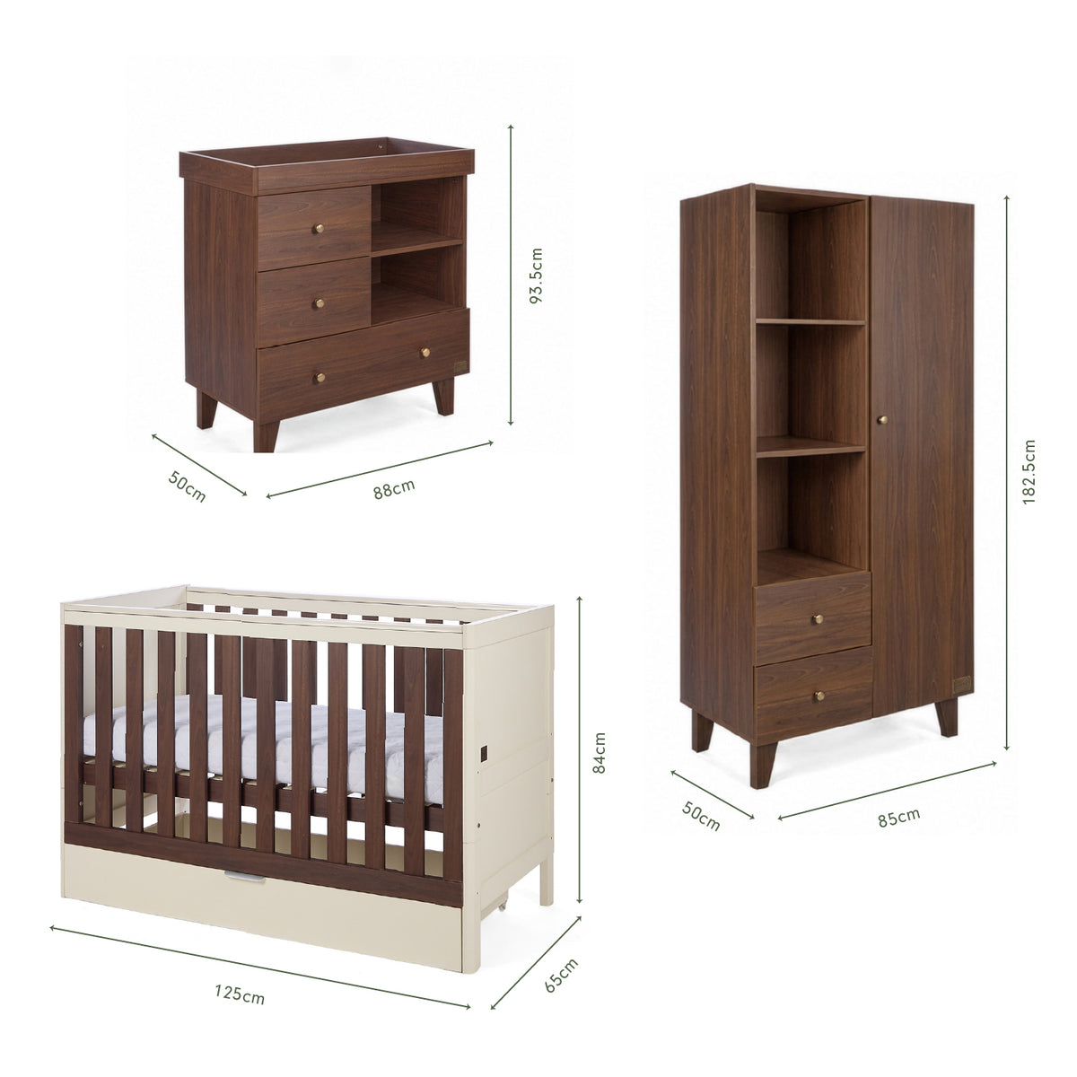 Dimensions of the Origin Riley 3 Piece Nursery Furniture Set which includes a chest changer, cot bed and nursery wardrobe.