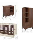 Dimensions of the Origin Riley 3 Piece Nursery Furniture Set which includes a chest changer, cot bed and nursery wardrobe.