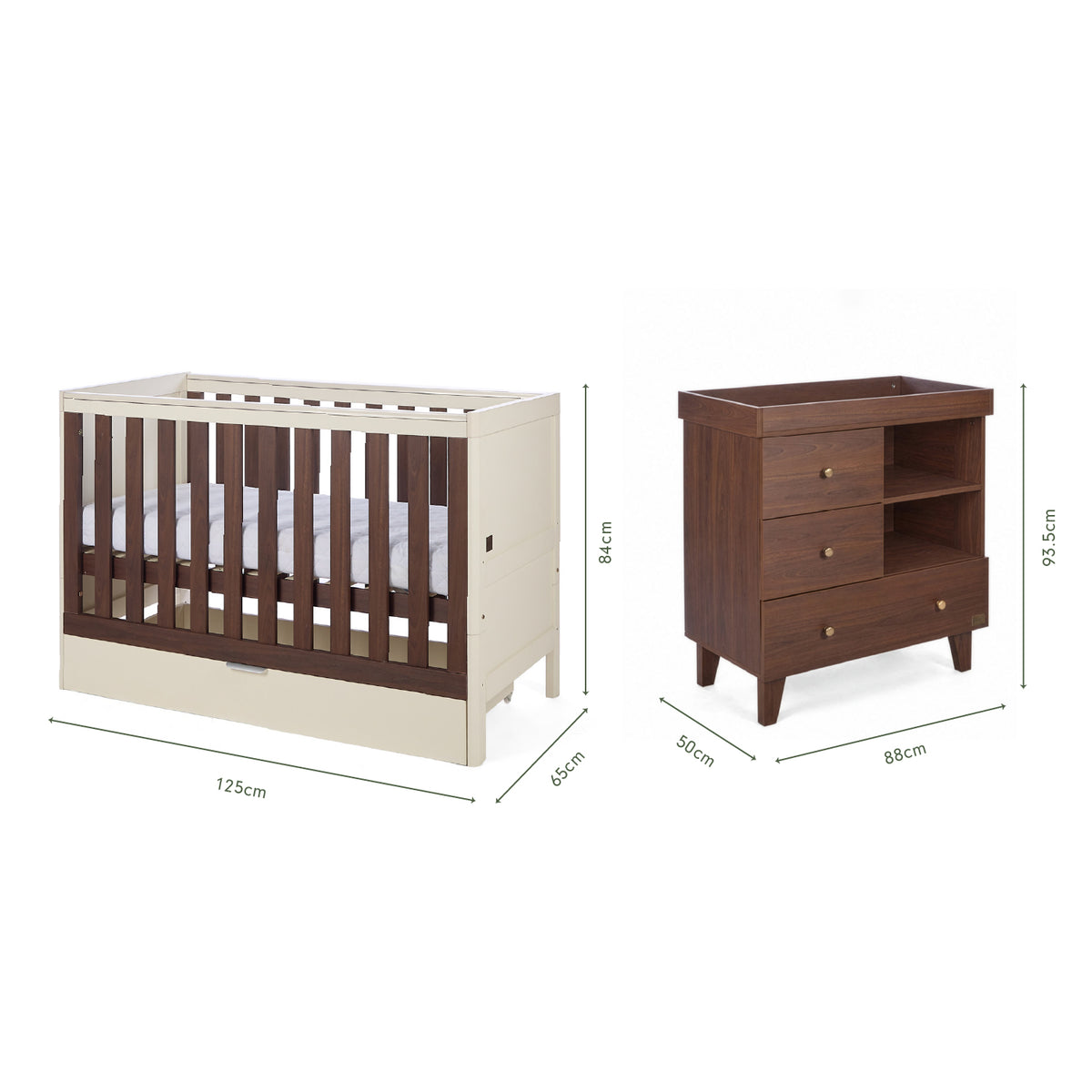 Dimensions of the Origin Riley 2 Piece Nursery Furniture Set which includes a cot bed and chest changer.