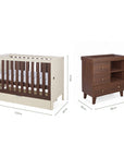 Dimensions of the Origin Riley 2 Piece Nursery Furniture Set which includes a cot bed and chest changer.