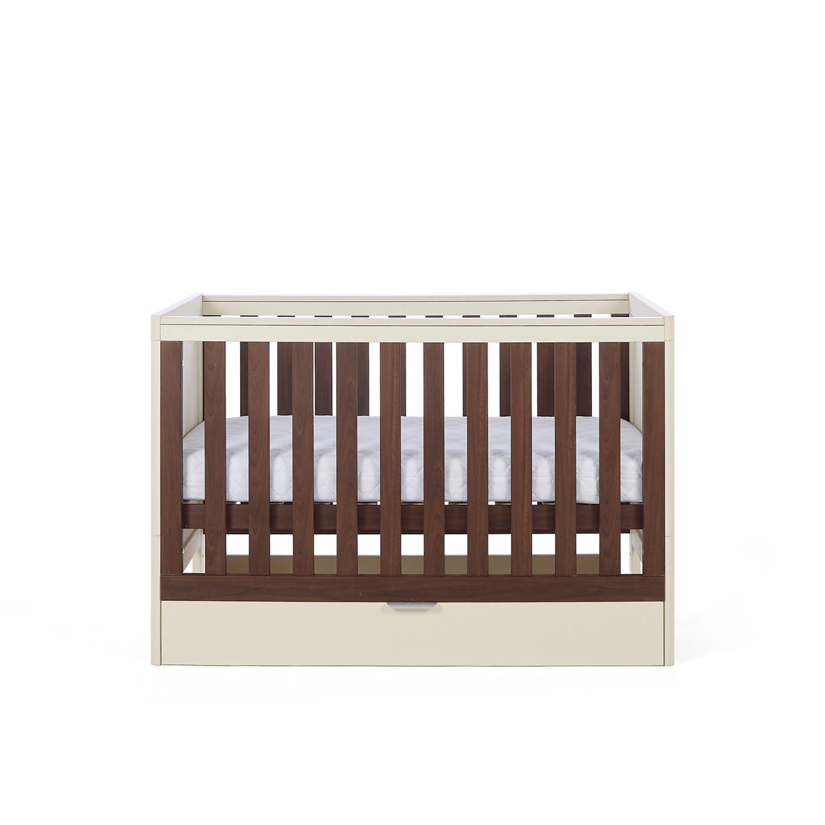 A Riley cot bed in cashmere and rich walnut, featuring a drawer beneath it in a white background.