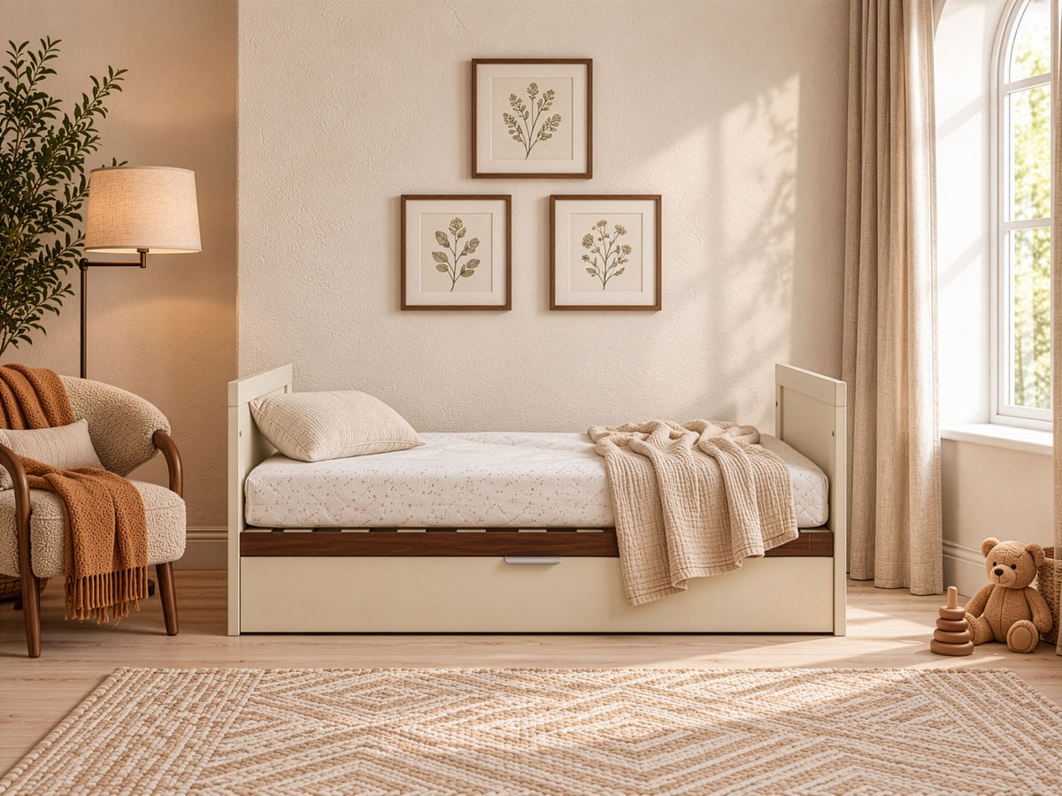 A cream and dark wood toddler bed with a storage drawer underneath, styled in a warm, sunlit children's bedroom with a matching armchair, floor lamp, and framed botanical prints on the wall.
