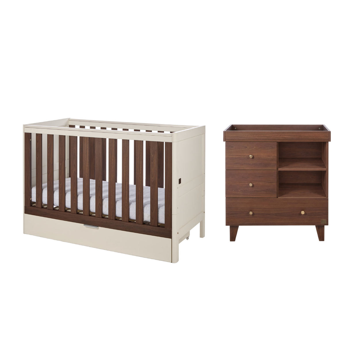 A nursery furniture set featuring a convertible cot bed and a dark brown wooden changing table with three drawers, shown against a plain white background.