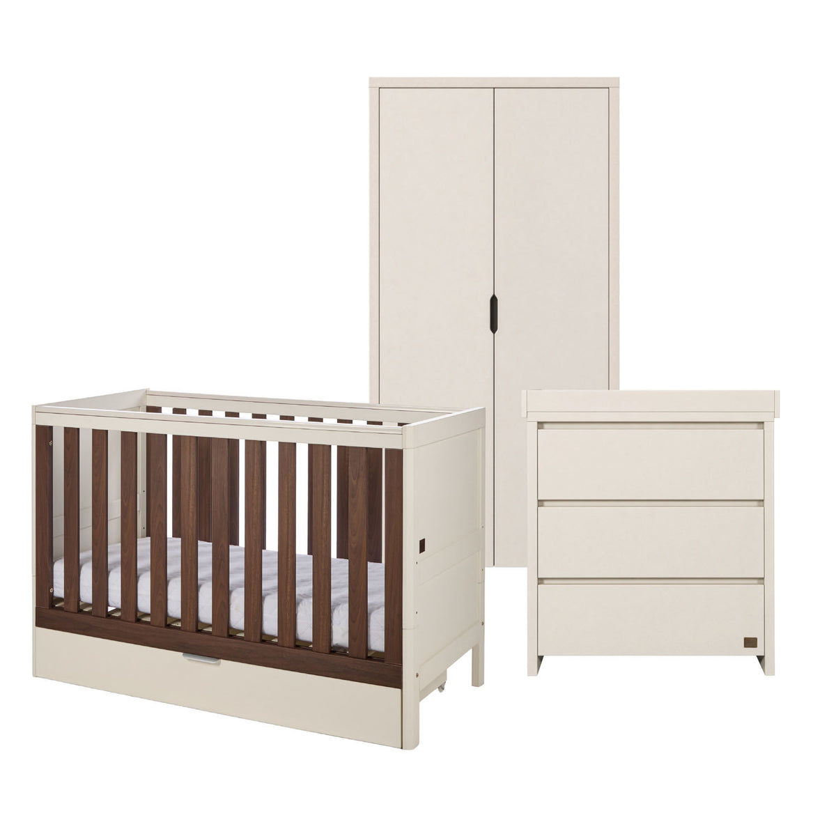 A 3-piece nursery furniture set including a cot bed, wardrobe, and changing table, shown on a solid white background.