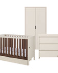 A 3-piece nursery furniture set including a cot bed, wardrobe, and changing table, shown on a solid white background.