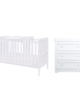 Front-facing view of the Rio 2-piece nursery set in White, featuring a cot bed with cot top changer and a chest changer with three drawers for organised baby storage.