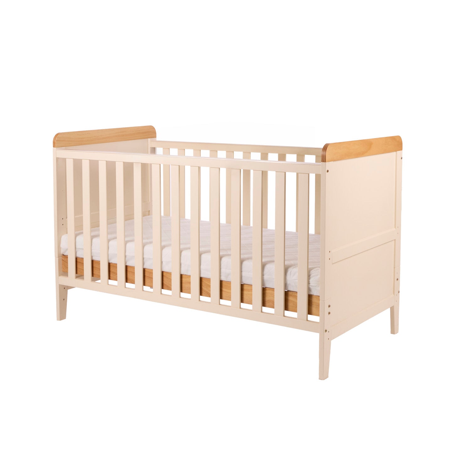 Rio cot bed in Cahsmere and Oak with a white mattress on a white background