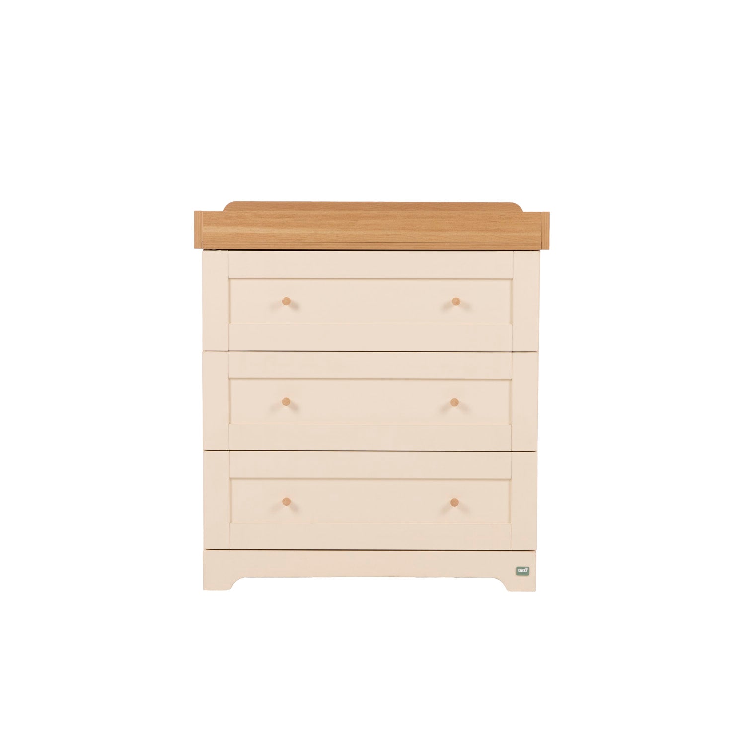 Front view of the Rio chest changer with a light finish and a wooden top on a white background