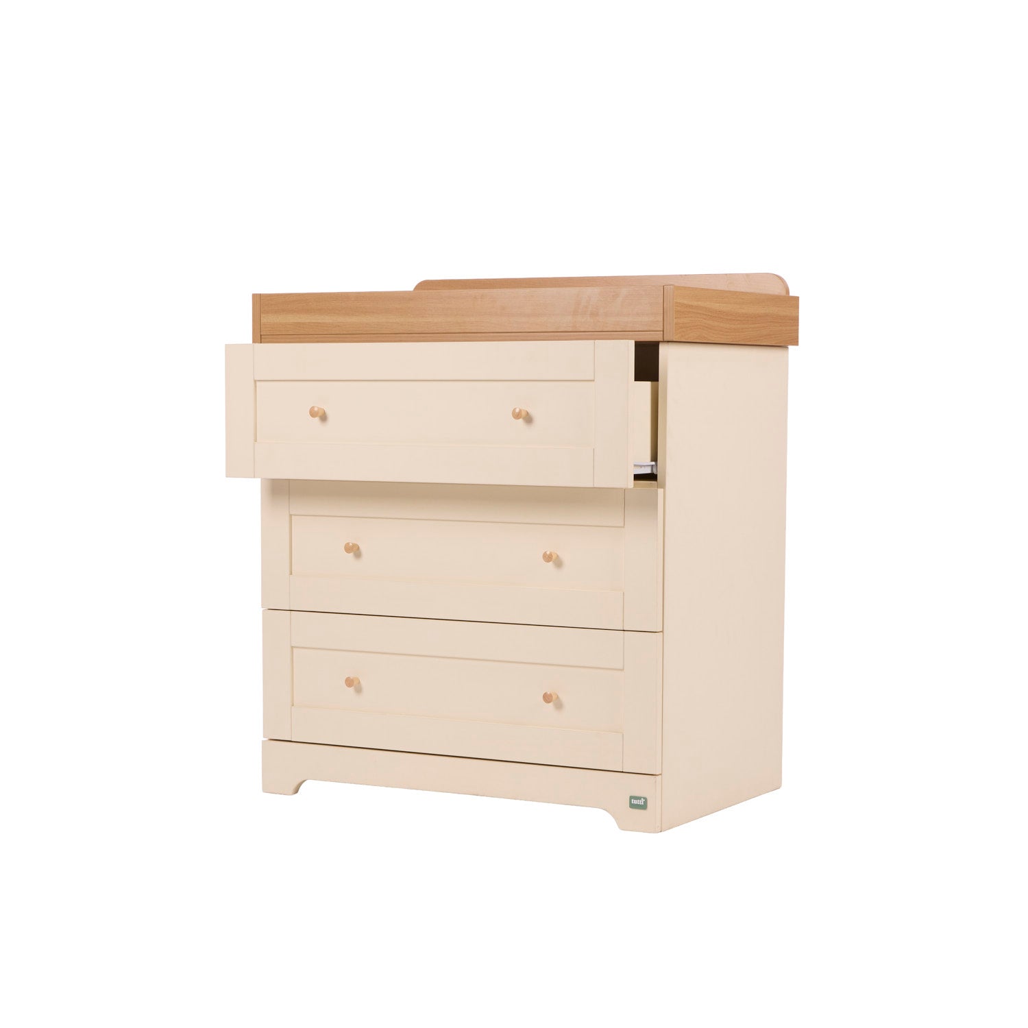 Wooden chest changer with a drawer open, a light finish and a wooden top on a white background