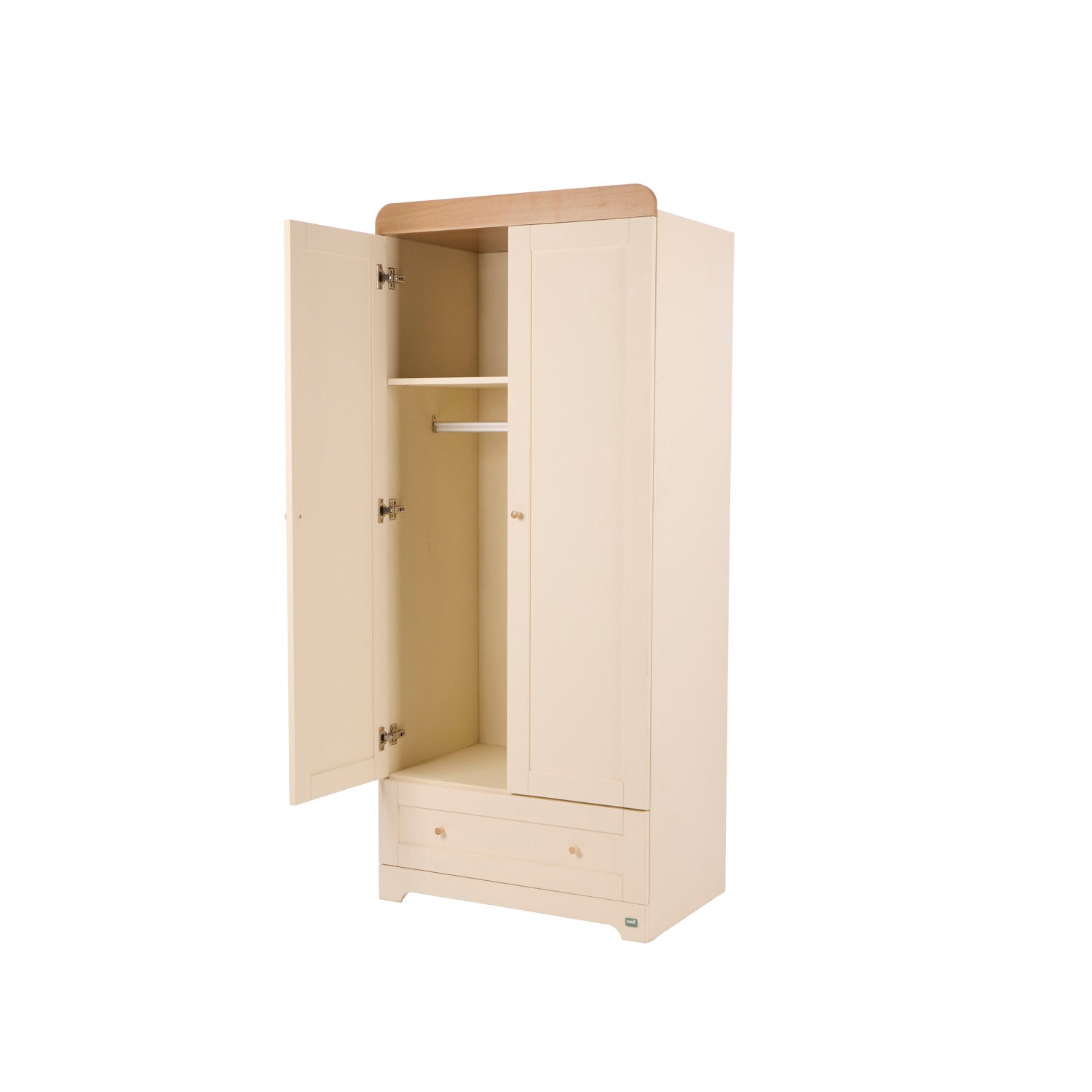 Rio wardrobe in Cashmere and Oak with an open door on a white background
