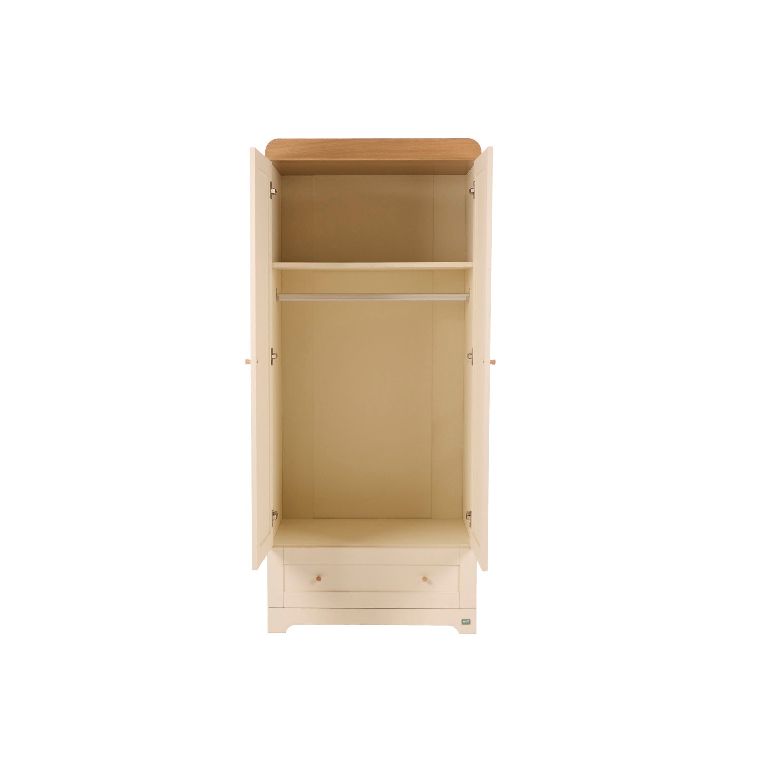 Front view of the Rio wardrobe in Cashmere and Oak with open doors on a white background