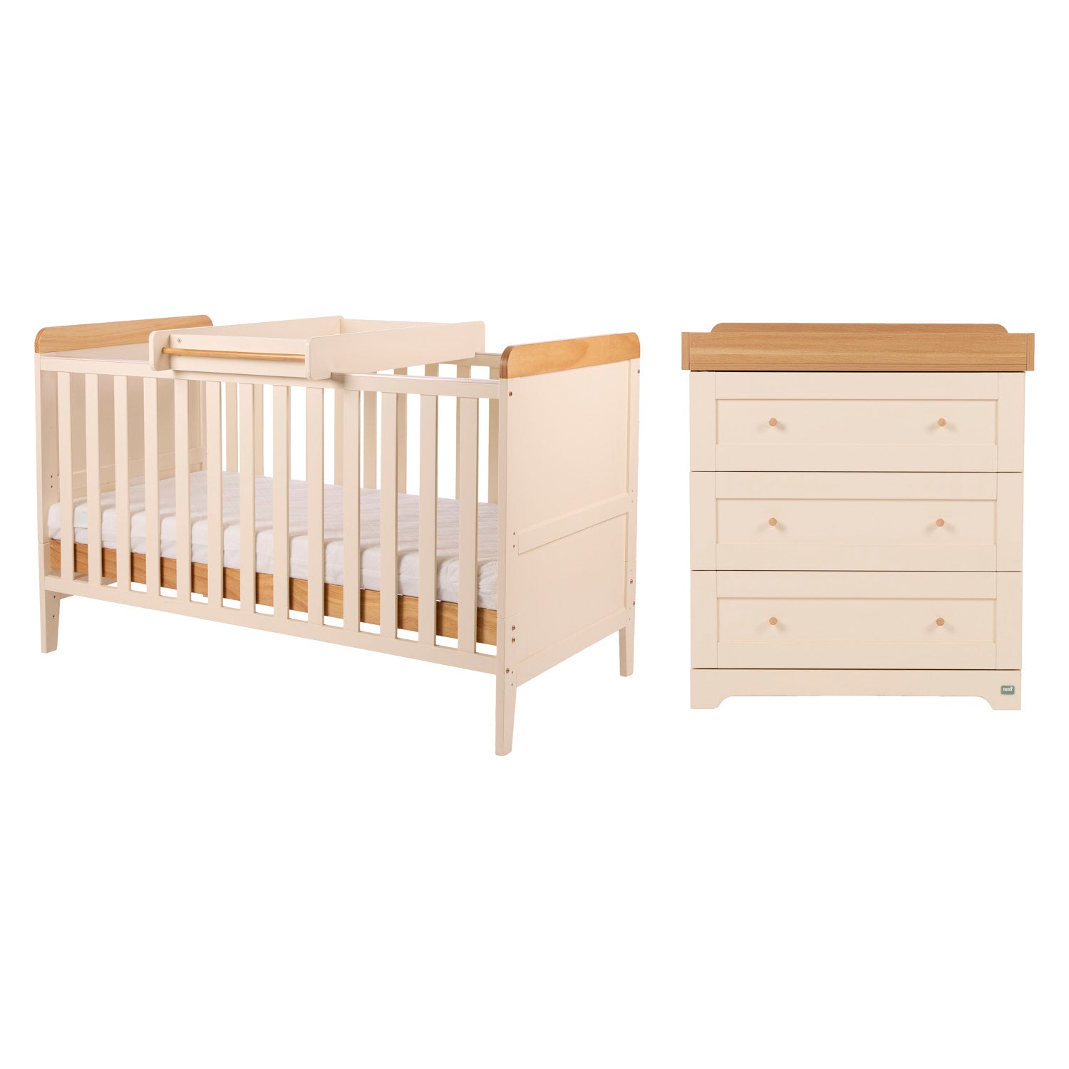 Rio 2-piece room set in Cashmere and Oak, with a cot bed and cot top changer, a wardrobe and a chest of drawers.