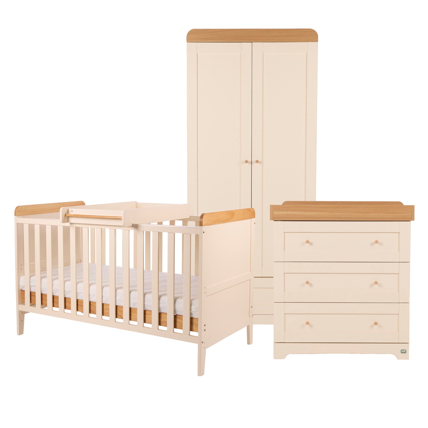 Rio 3-piece room set in Cashmere and Oak, with a cot bed and cot top changer, a wardrobe and a chest of drawers.